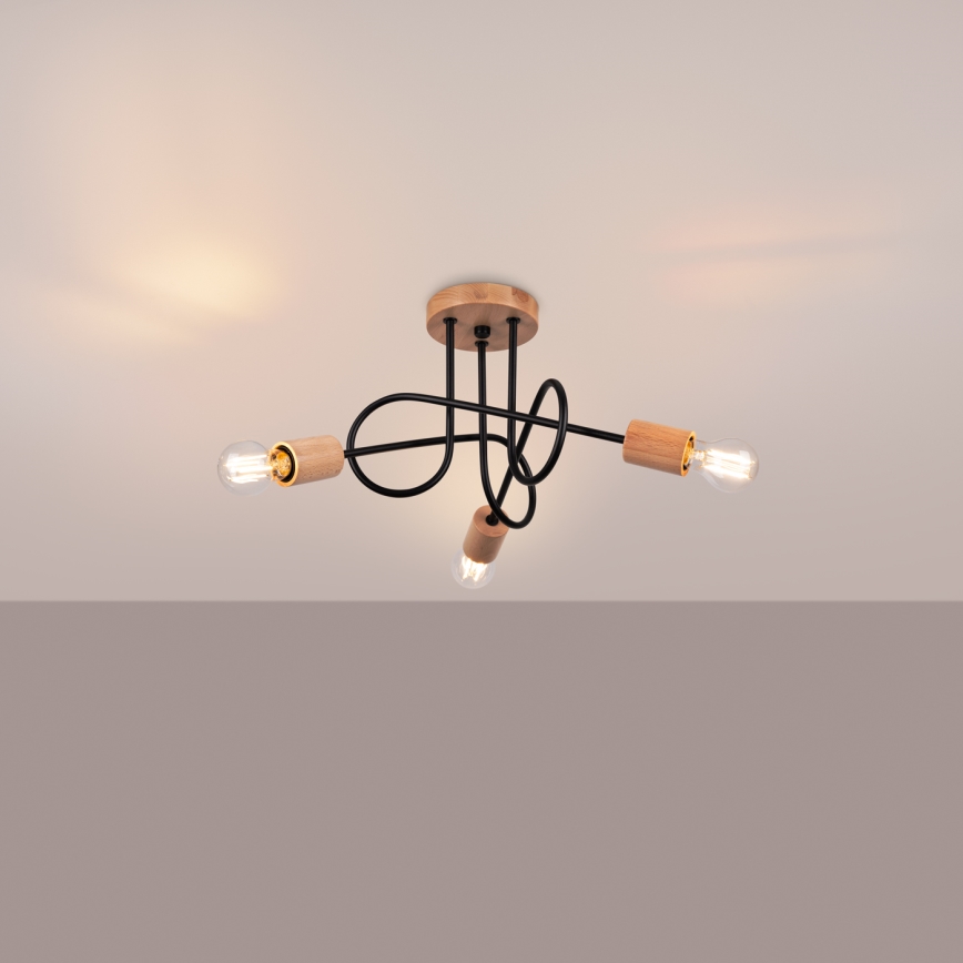 Πλαφονιέρα οροφής EMBER 3xE27/15W/230V μαύρο/μπεζ/οξιά