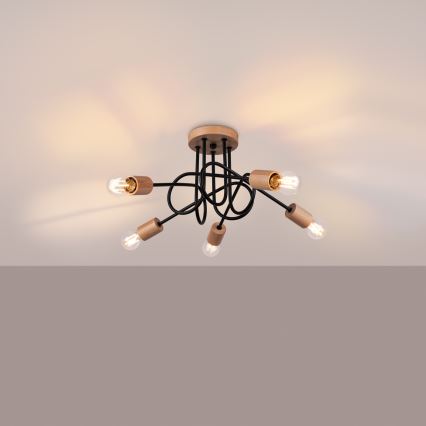 Πλαφονιέρα οροφής EMBER 5xE27/15W/230V μαύρο/μπεζ/οξιά