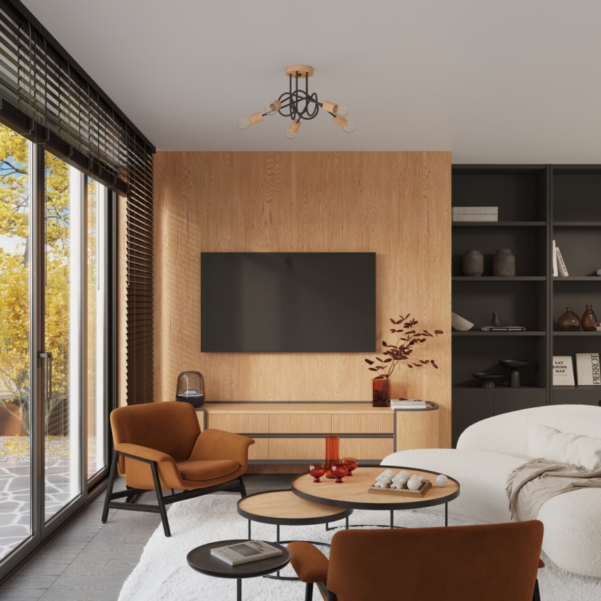 Πλαφονιέρα οροφής EMBER 5xE27/15W/230V μαύρο/μπεζ/οξιά