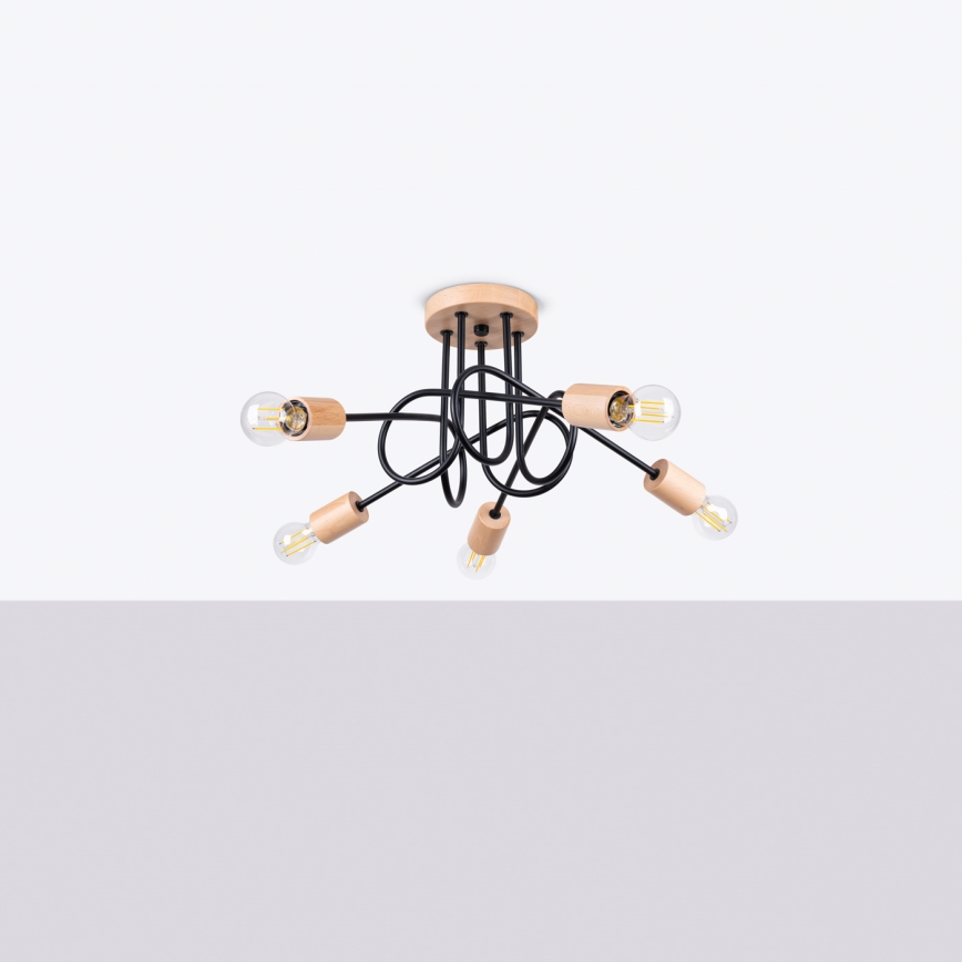 Πλαφονιέρα οροφής EMBER 5xE27/15W/230V μαύρο/μπεζ/οξιά