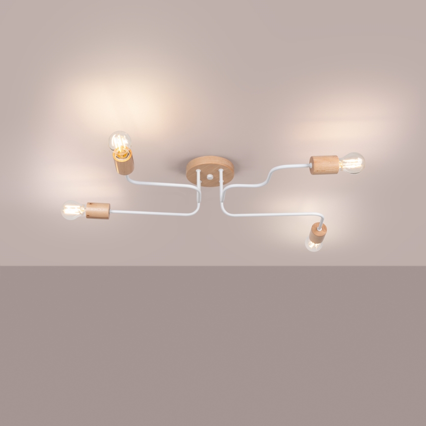 Πλαφονιέρα οροφής TIMBO 4xE27/15W/230V λευκό/μπεζ/οξιά