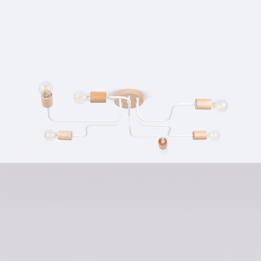 Πλαφονιέρα οροφής TIMBO 6xE27/15W/230V λευκό/μπεζ/οξιά