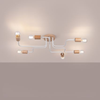Πλαφονιέρα οροφής TIMBO 6xE27/15W/230V λευκό/μπεζ/οξιά