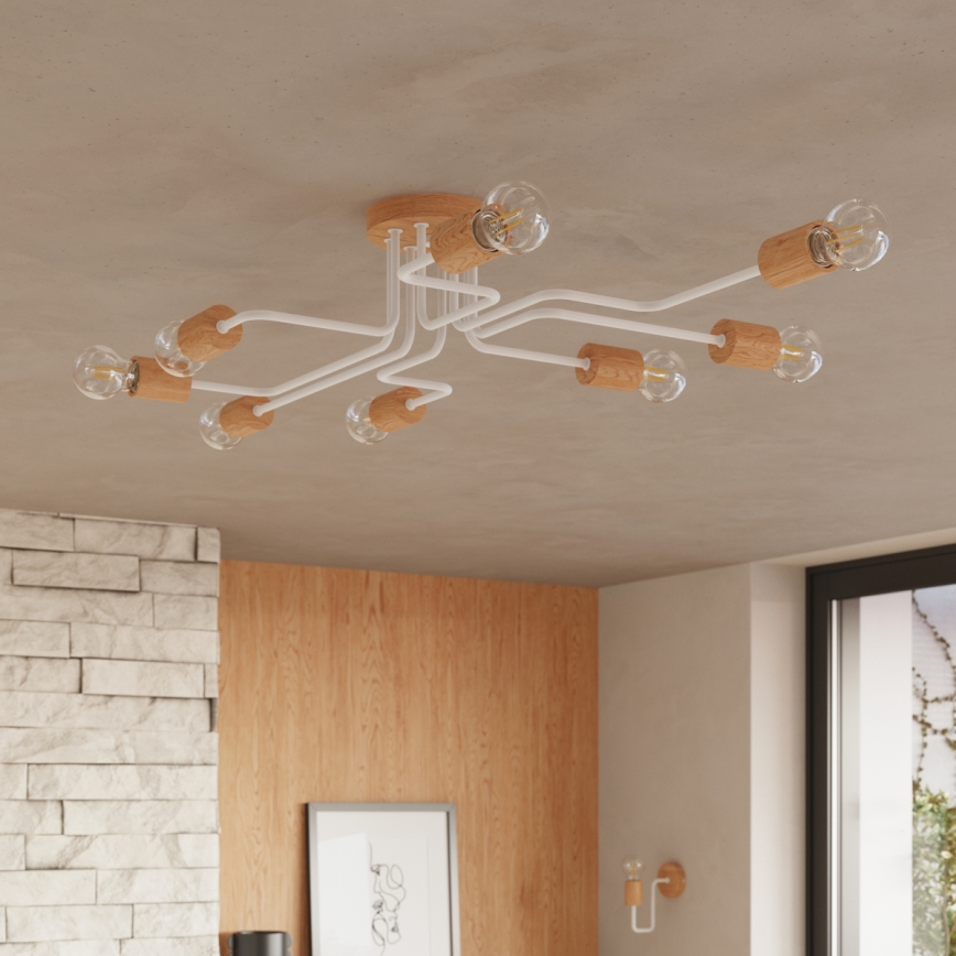 Πλαφονιέρα οροφής TIMBO 8xE27/15W/230V λευκό/μπεζ/οξιά