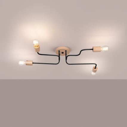 Πλαφονιέρα οροφής TIMBO 4xE27/15W/230V μαύρο/μπεζ/οξιά