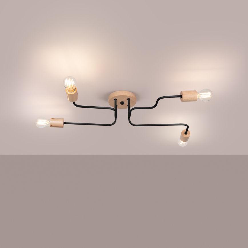 Πλαφονιέρα οροφής TIMBO 4xE27/15W/230V μαύρο/μπεζ/οξιά