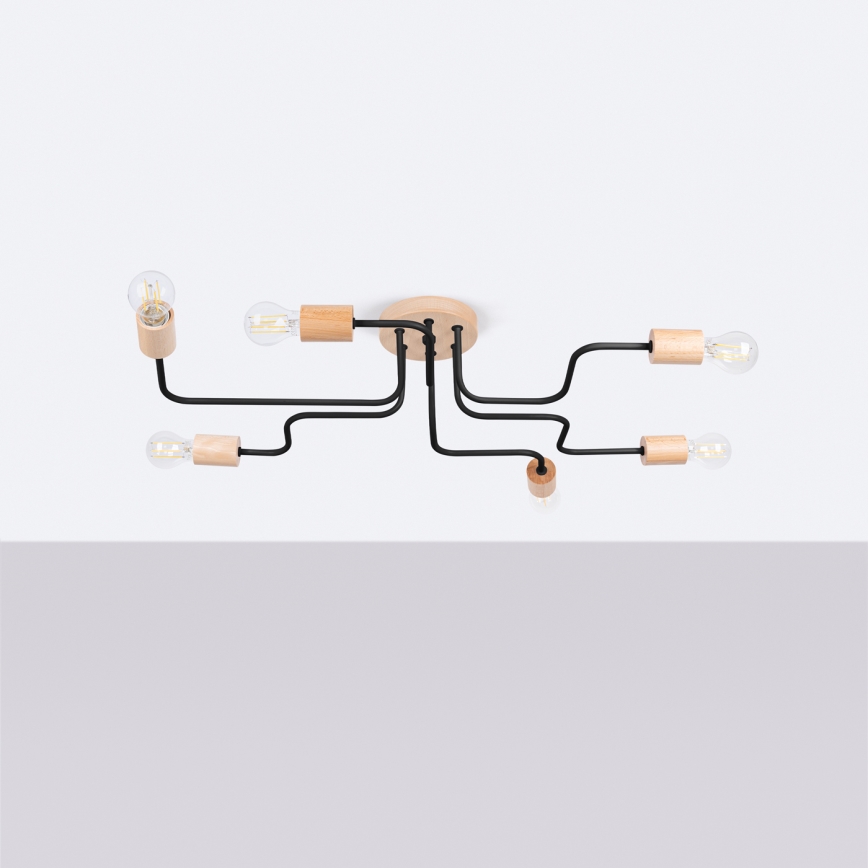 Πλαφονιέρα οροφής TIMBO 6xE27/15W/230V μαύρο/μπεζ/οξιά