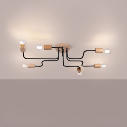 Πλαφονιέρα οροφής TIMBO 6xE27/15W/230V μαύρο/μπεζ/οξιά