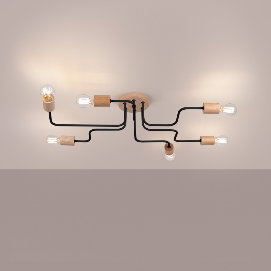 Πλαφονιέρα οροφής TIMBO 6xE27/15W/230V μαύρο/μπεζ/οξιά