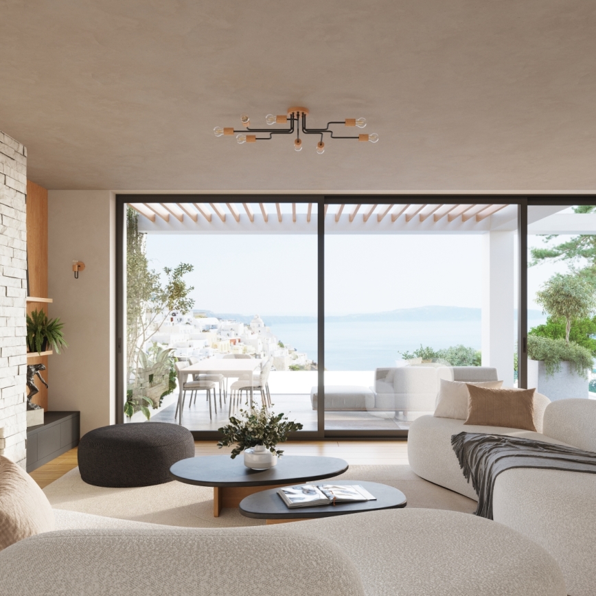 Πλαφονιέρα οροφής TIMBO 8xE27/15W/230V μαύρο/μπεζ/οξιά