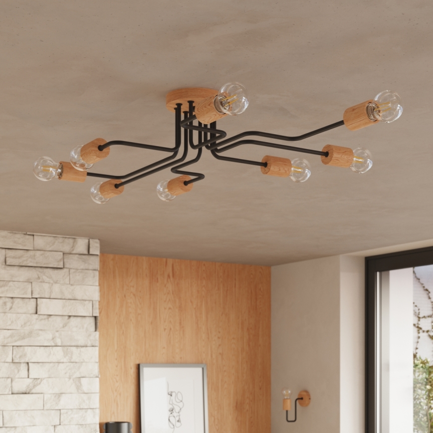 Πλαφονιέρα οροφής TIMBO 8xE27/15W/230V μαύρο/μπεζ/οξιά