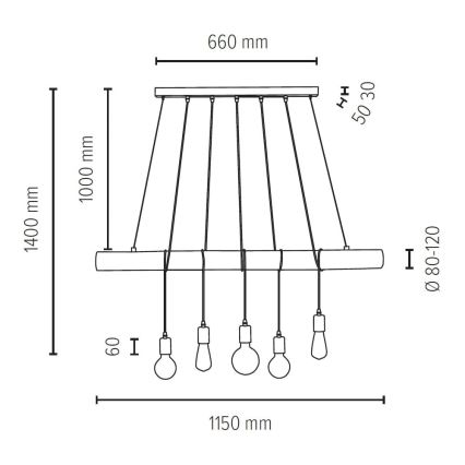 Φωτιστικό οροφής με καλώδιο TRABO 5xE27/60W/230V πεύκο