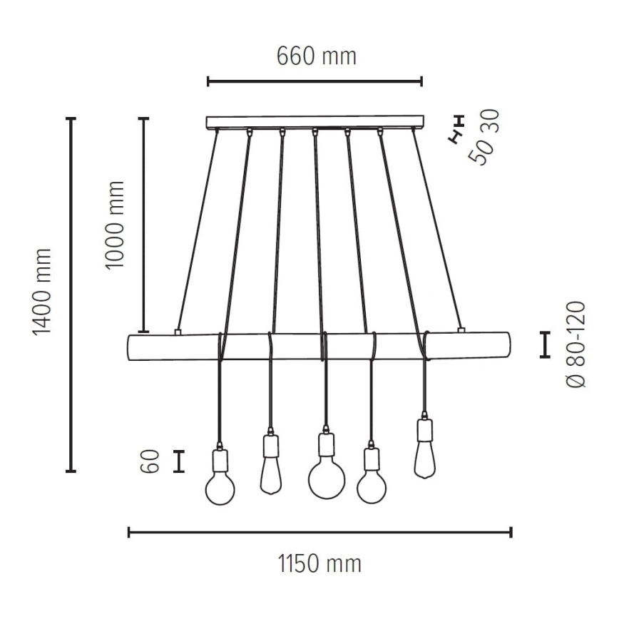 Φωτιστικό οροφής με καλώδιο TRABO 5xE27/60W/230V πεύκο