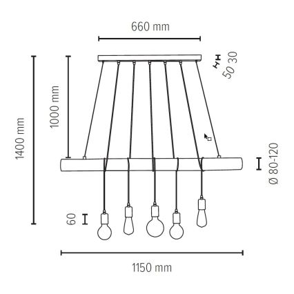 Κρεμαστό φωτιστικό οροφής TRABO 5xE27/60W/230V πεύκο
