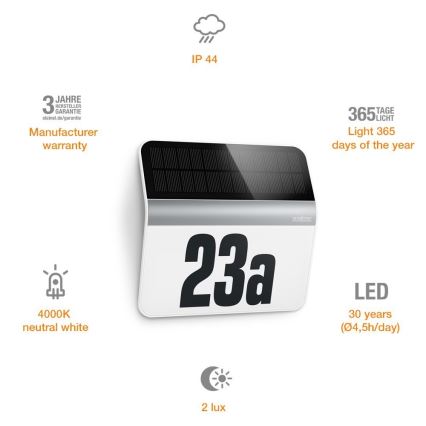 STEINEL 007140 - Ηλιακό φωτιστικό αριθμού οικίας LED XSolar LH-N LED/0,03W ανοξείδωτο ατσάλι IP44 2500 mAh