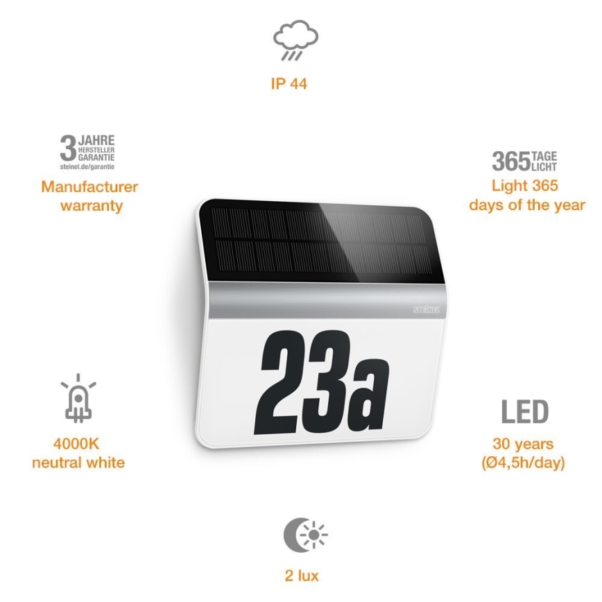 STEINEL 007140 - Ηλιακό φωτιστικό αριθμού οικίας LED XSolar LH-N LED/0,03W ανοξείδωτο ατσάλι IP44 2500 mAh