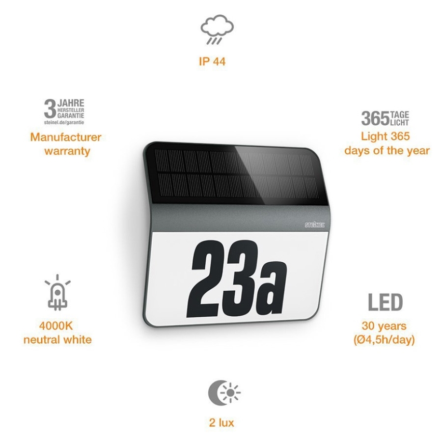 STEINEL 035730 - Ηλιακό φωτιστικό αριθμού οικίας LED XSolar LH-N LED/0,03W IP44 2500 mAh