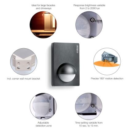 STEINEL 603113 - Εξωτερικός ανιχνευτής κίνησης IS 180-2 μαύρος IP54