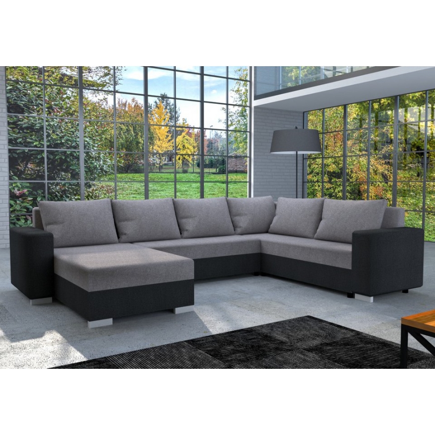 Ταπετσαρισμένος πολυλειτουργικός γωνιακός καναπές-κρεβάτι σε σχήμα U YORK γκρι/μαύρο