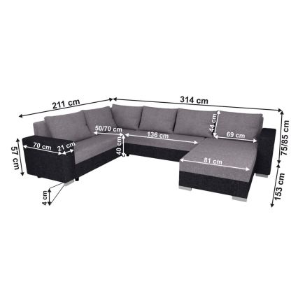 Ταπετσαρισμένος πολυλειτουργικός γωνιακός καναπές-κρεβάτι σε σχήμα U YORK γκρι/μαύρο