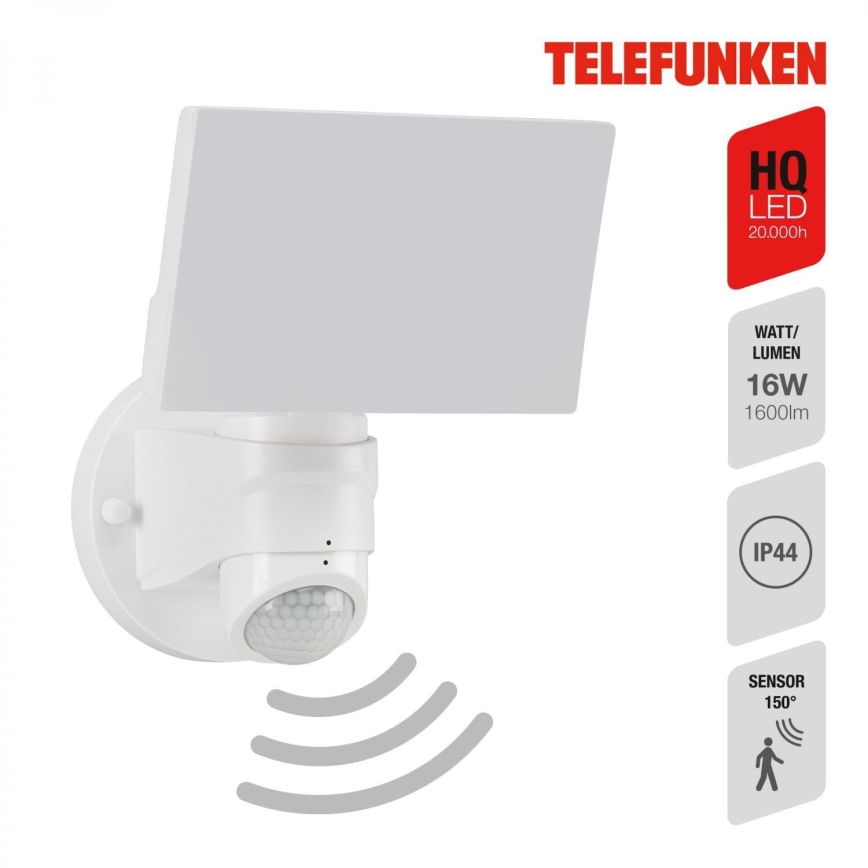 Telefunken 304306TF - Επιτοίχιο φωτιστικό εξωτερικού χώρου LED με αισθητήρα LED/16W/230V IP44 λευκό