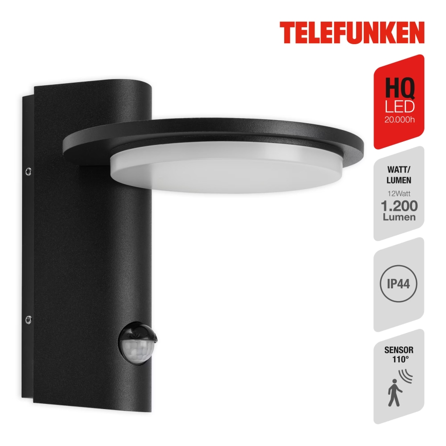 Telefunken 312505TF-LED Φωτιστικό τοίχου εξωτερικού χώρου με αισθητήρα LED/10W/230V IP44 μαύρο