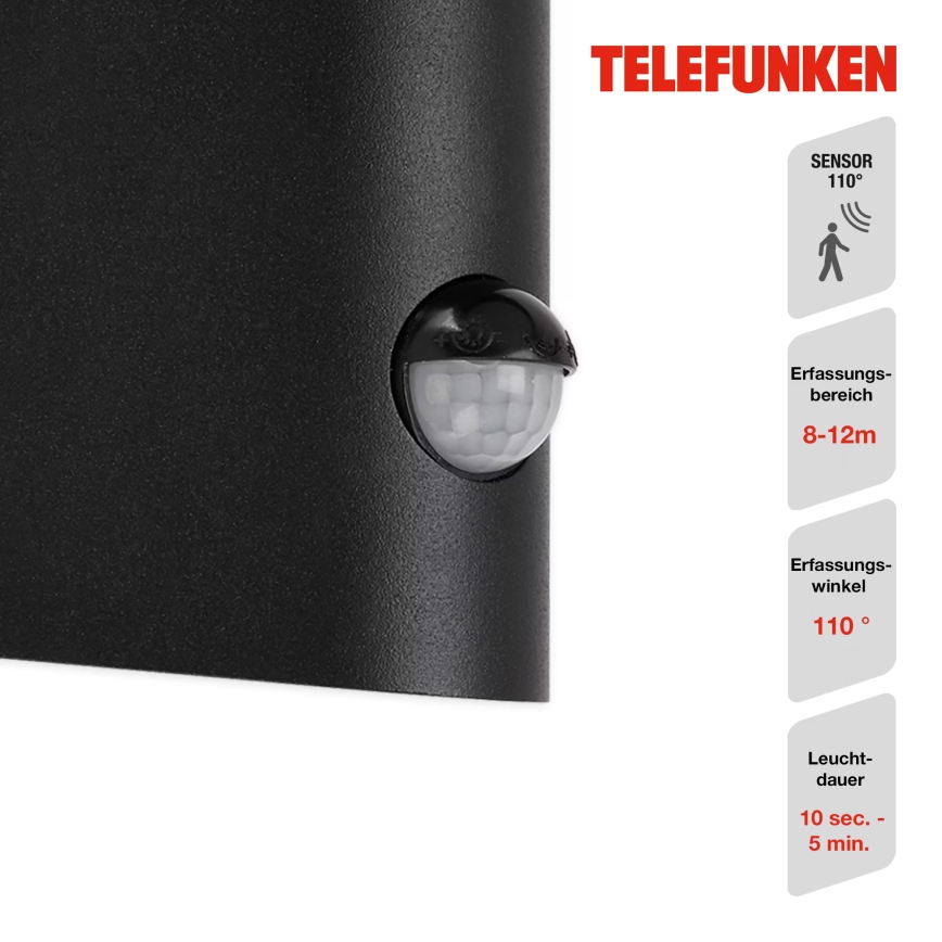 Telefunken 312505TF-LED Φωτιστικό τοίχου εξωτερικού χώρου με αισθητήρα LED/10W/230V IP44 μαύρο
