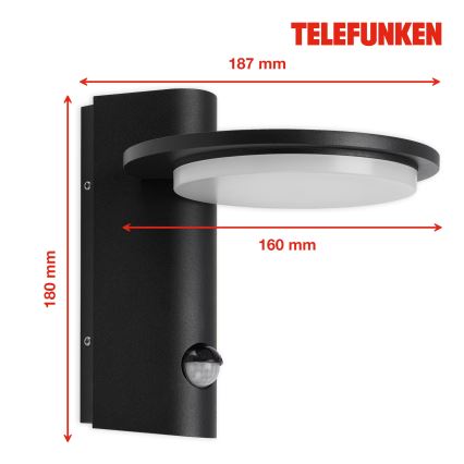 Telefunken 312505TF-LED Φωτιστικό τοίχου εξωτερικού χώρου με αισθητήρα LED/10W/230V IP44 μαύρο