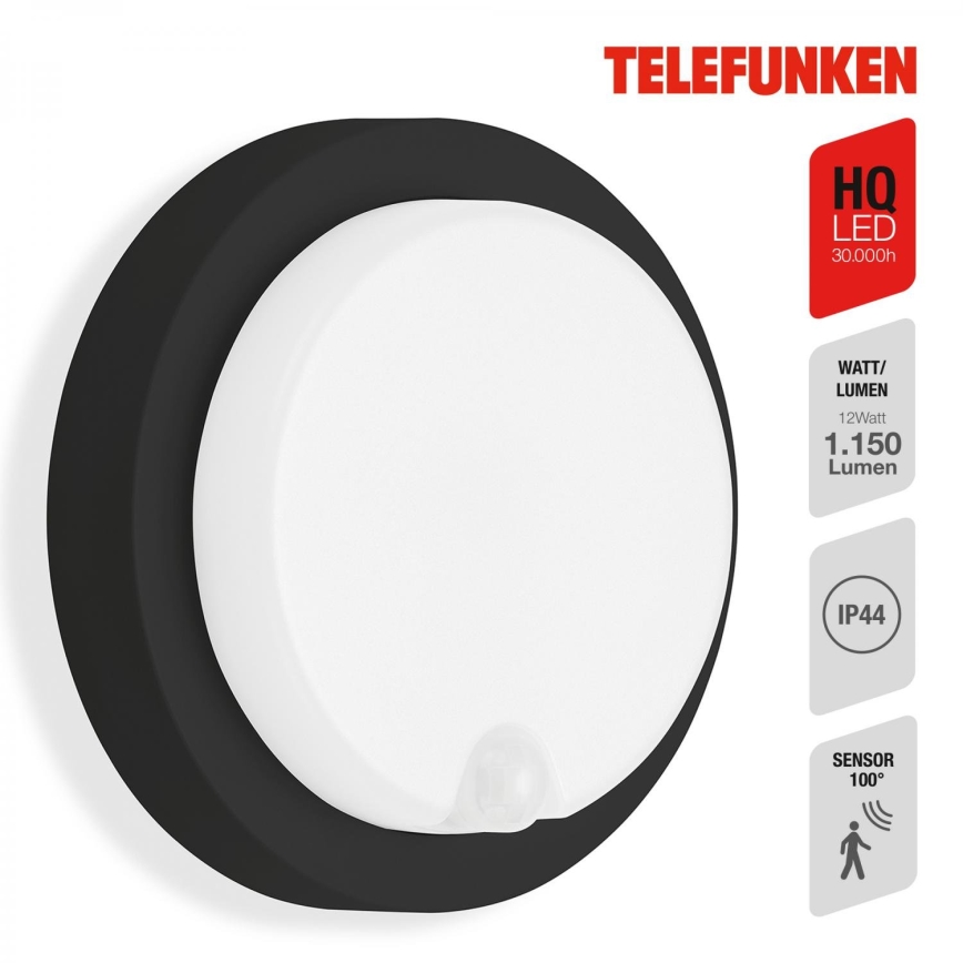Telefunken 315305TF - LED Φωτιστικό τοίχου εξωτερικού χώρου με αισθητήρα LED/12W/230V IP44 μαύρο