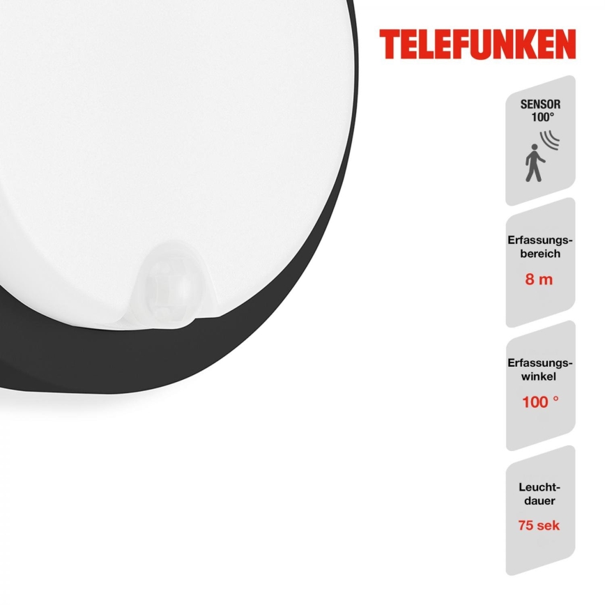 Telefunken 315305TF - LED Φωτιστικό τοίχου εξωτερικού χώρου με αισθητήρα LED/12W/230V IP44 μαύρο