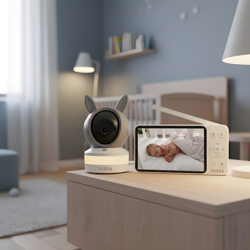 TESLA Electronics Bambino - Έξυπνη βρεφική κάμερα με οθόνη, 4 MP, 2560p, 5V, 5000 mAh, Wi‑Fi, Tuya, γκρι/λευκό