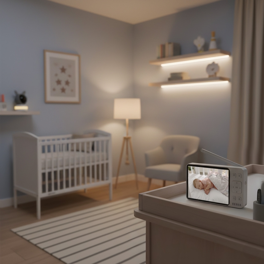 TESLA Electronics Bambino - Έξυπνη βρεφική κάμερα με οθόνη, 4 MP, 2560p, 5V, 5000 mAh, Wi‑Fi, Tuya, γκρι/λευκό