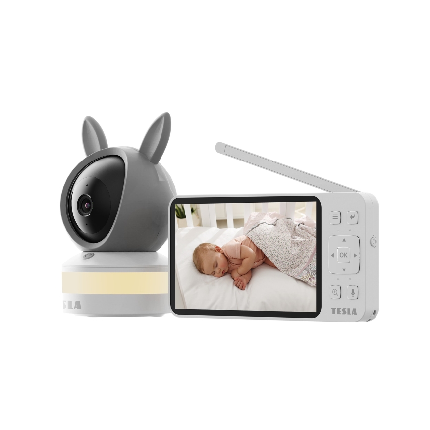 TESLA Electronics Bambino - Έξυπνη βρεφική κάμερα με οθόνη, 4 MP, 2560p, 5V, 5000 mAh, Wi‑Fi, Tuya, γκρι/λευκό