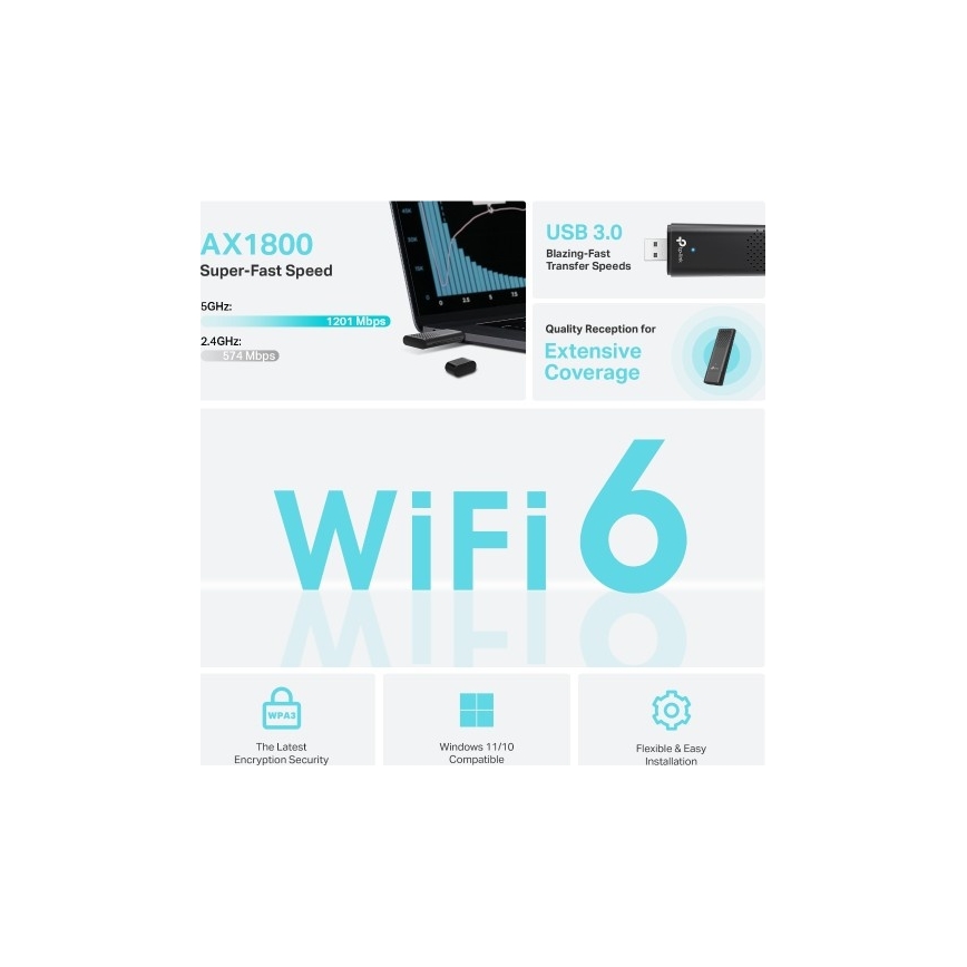 TP-Link - USB ασύρματος προσαρμογέας διπλής ζώνης με Wi‑Fi 6 Archer TX20U