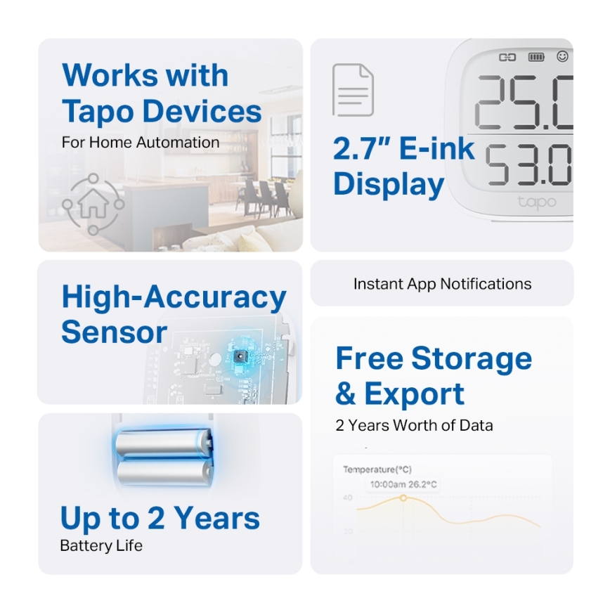 TP-Link - Έξυπνη μονάδα μέτρησης θερμοκρασίας και υγρασίας, τροφοδοσία 2xAAA, Wi-Fi
