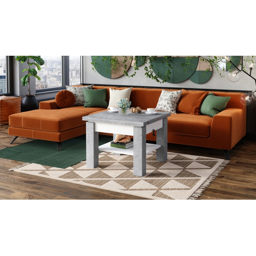 Τραπέζι σαλονιού/τραπεζαρίας με αναδιπλούμενη επιφάνεια και ανυψούμενη πλάκα CALEB σε γκρι τσιμέντο/λευκό