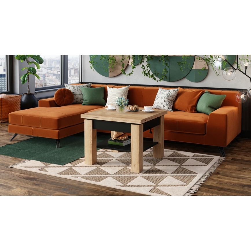 Αναδιπλούμενο τραπεζάκι σαλονιού/τραπεζαρίας με ανυψούμενη επιφάνεια CALEB σε απόχρωση craft δρυς/μαύρο