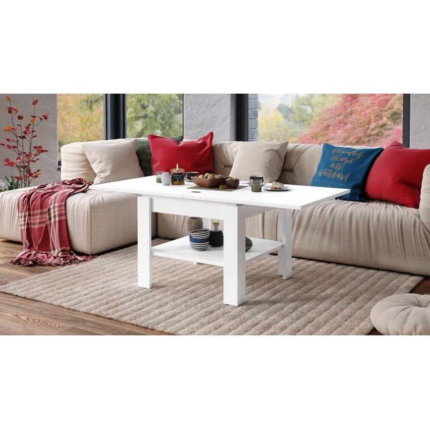 Τραπέζι σαλονιού/τραπεζαρίας με δυνατότητα επέκτασης και ράφι αποθήκευσης LIA σε λευκό χρώμα