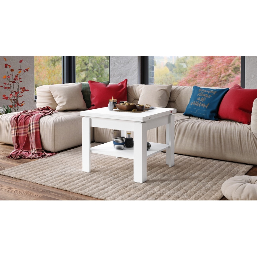 Τραπέζι σαλονιού/τραπεζαρίας με δυνατότητα επέκτασης και ράφι αποθήκευσης LIA σε λευκό χρώμα