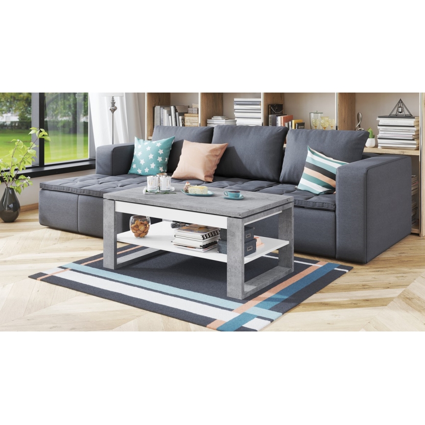 Τραπέζι σαλονιού με ανασηκούμενη επιφάνεια και ράφι NEA γκρι σκυρόδεμα/λευκό