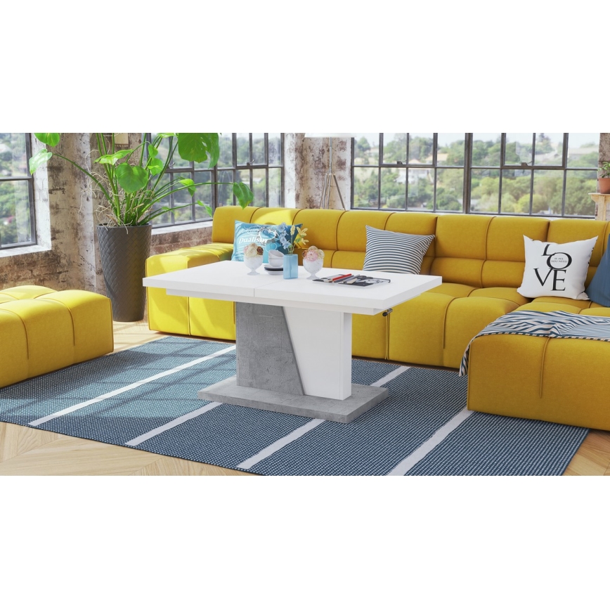 Τραπέζι σαλονιού/τραπεζαρίας με αναδιπλούμενη επιφάνεια και ανυψούμενη πλάκα NINO λευκό/γκρι σκυρόδεμα