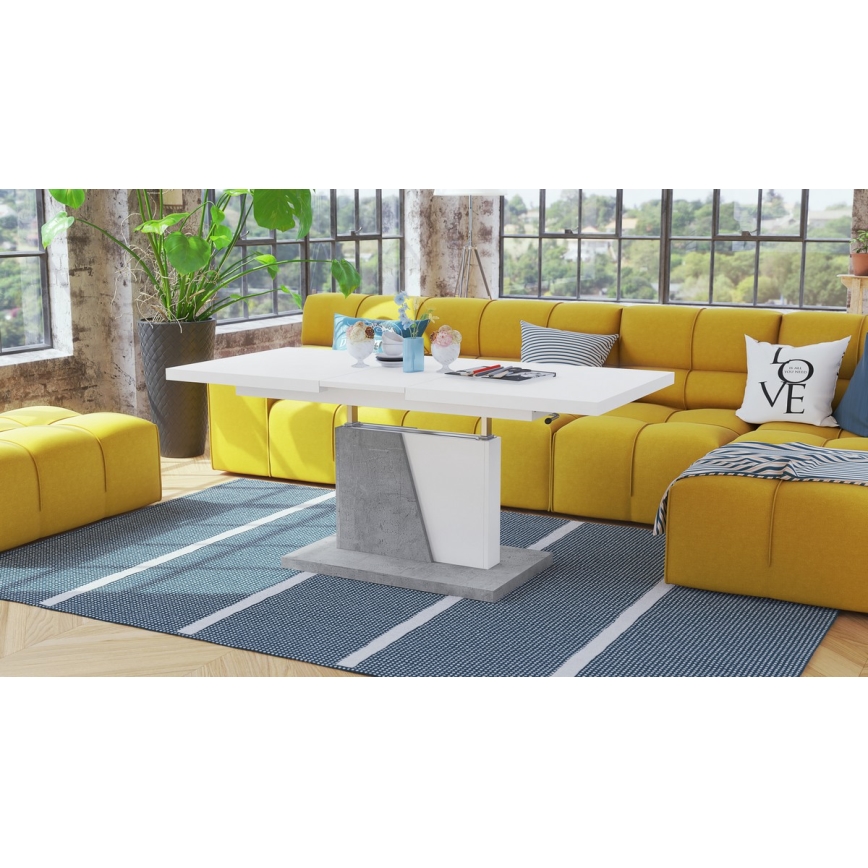 Τραπέζι σαλονιού/τραπεζαρίας με αναδιπλούμενη επιφάνεια και ανυψούμενη πλάκα NINO λευκό/γκρι σκυρόδεμα