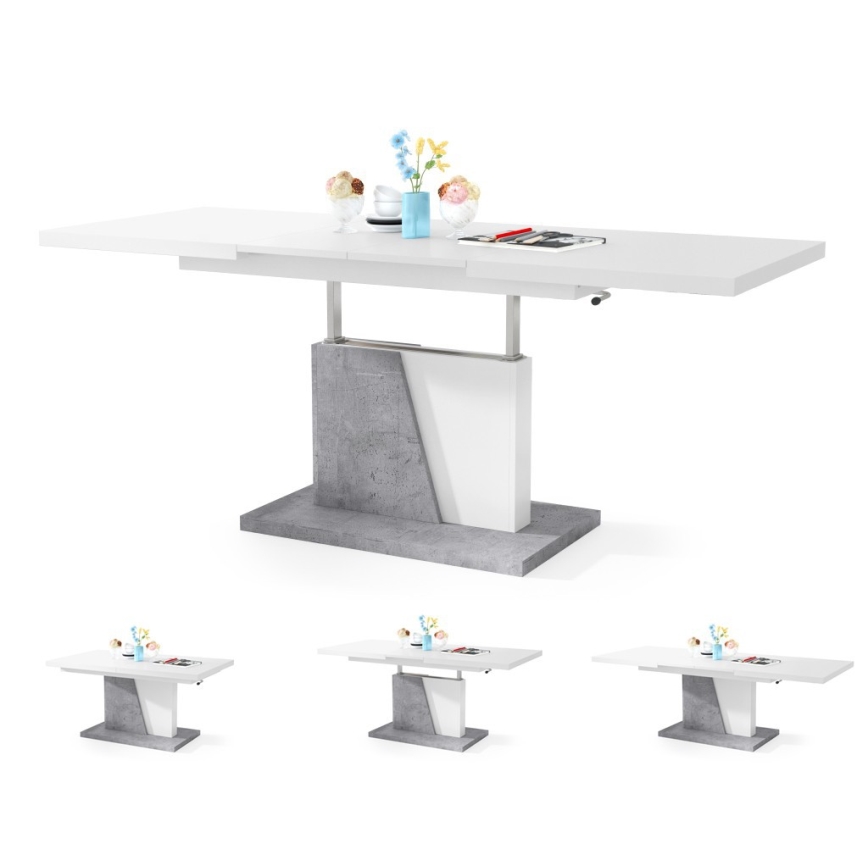Τραπέζι σαλονιού/τραπεζαρίας με αναδιπλούμενη επιφάνεια και ανυψούμενη πλάκα NINO λευκό/γκρι σκυρόδεμα