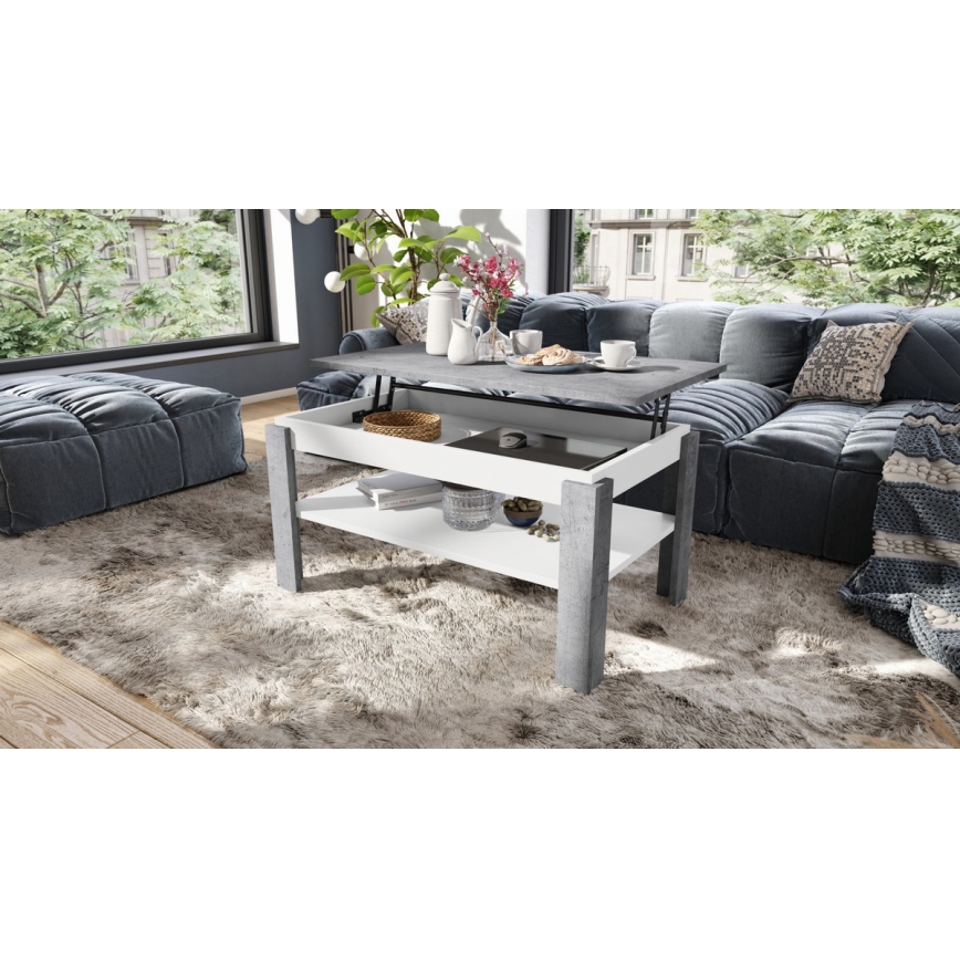 Τραπέζι σαλονιού με αναδιπλούμενη επιφάνεια και ανυψούμενη πλάκα ADEN σε γκρι σκυρόδεμα/λευκό