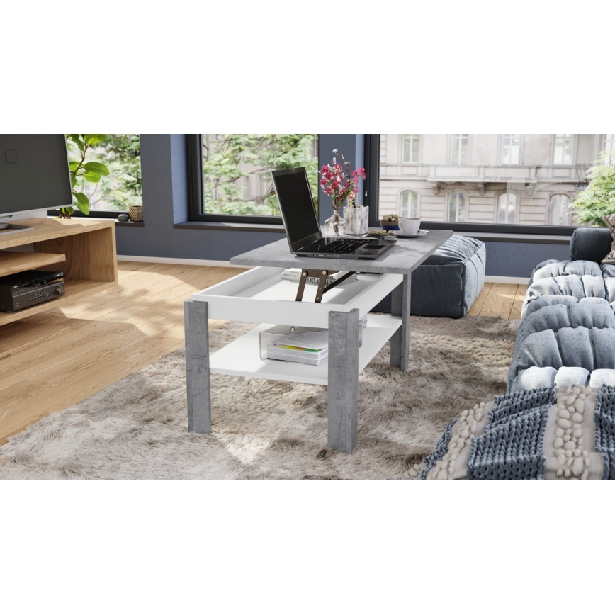 Τραπέζι σαλονιού με αναδιπλούμενη επιφάνεια και ανυψούμενη πλάκα ADEN σε γκρι σκυρόδεμα/λευκό