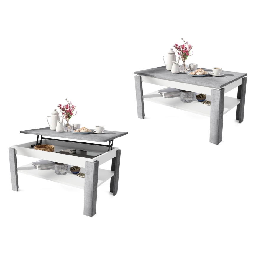 Τραπέζι σαλονιού με αναδιπλούμενη επιφάνεια και ανυψούμενη πλάκα ADEN σε γκρι σκυρόδεμα/λευκό