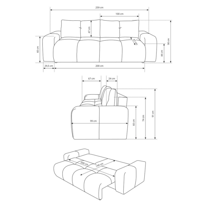 Τριθέσιος επενδυμένος καναπές-κρεβάτι ALMADA με χώρο αποθήκευσης, σε μπεζ απόχρωση