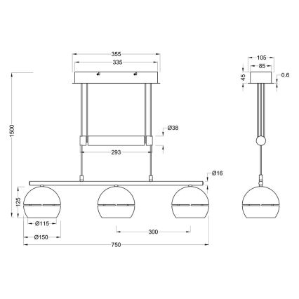 Trio - Πολύφωτο με συρματόσχοινο FLETCHER 3xE14/40W/230V ορείχαλκος