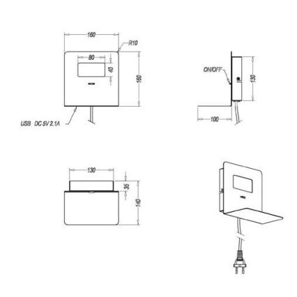 Trio - Φωτιστικό τοίχου LED με ράφι ALOFT LED/3W/230V + θύρα USB