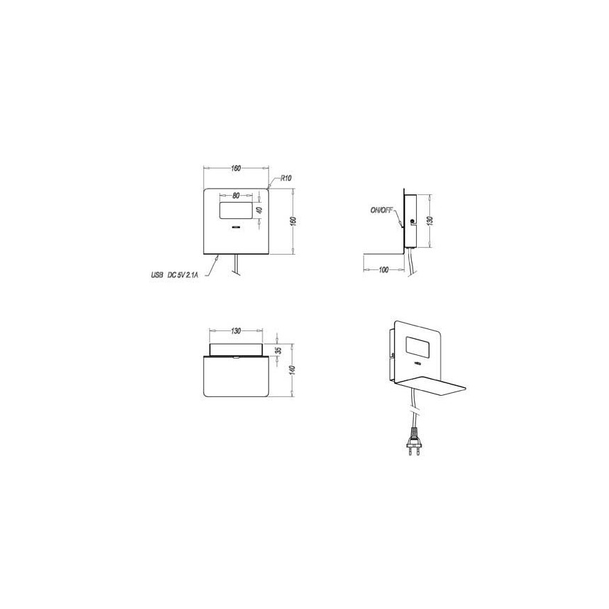 Trio - Φωτιστικό τοίχου LED με ράφι ALOFT LED/3W/230V + θύρα USB